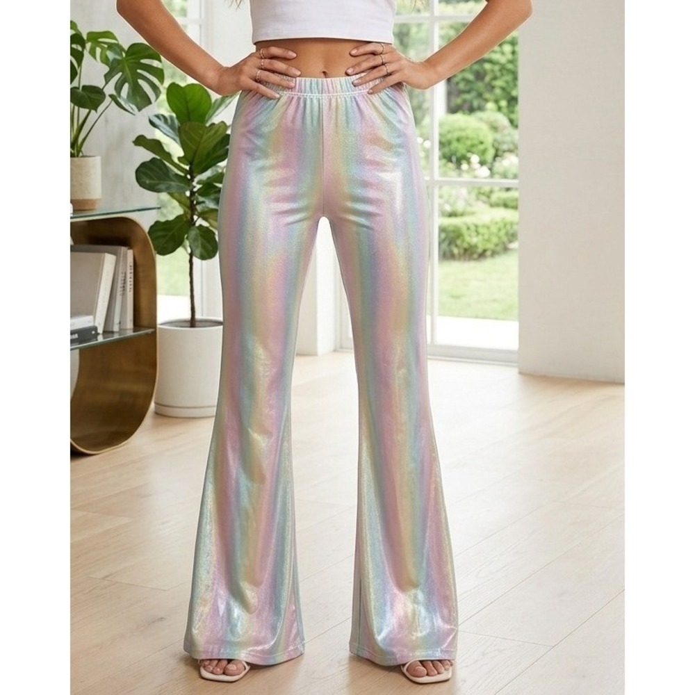 Club Exx Dolls Kill Rainbow Holographic Flare Pants Bell Bottoms Women's L Party